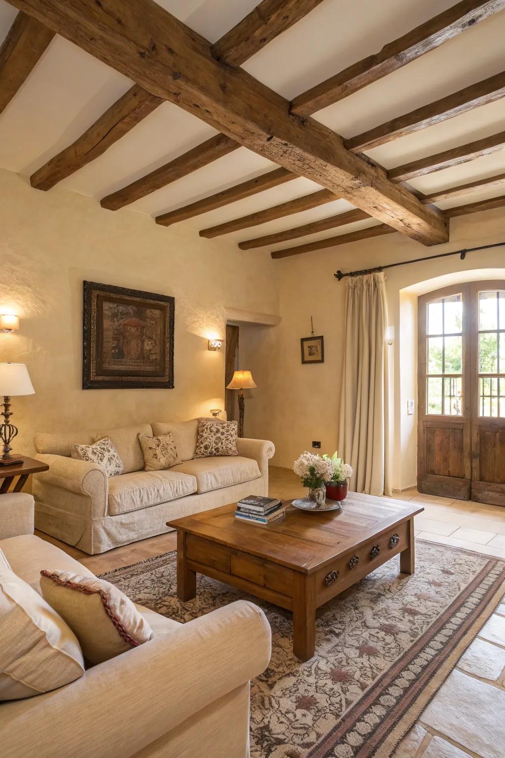 Wooden accents add warmth to beige interiors.