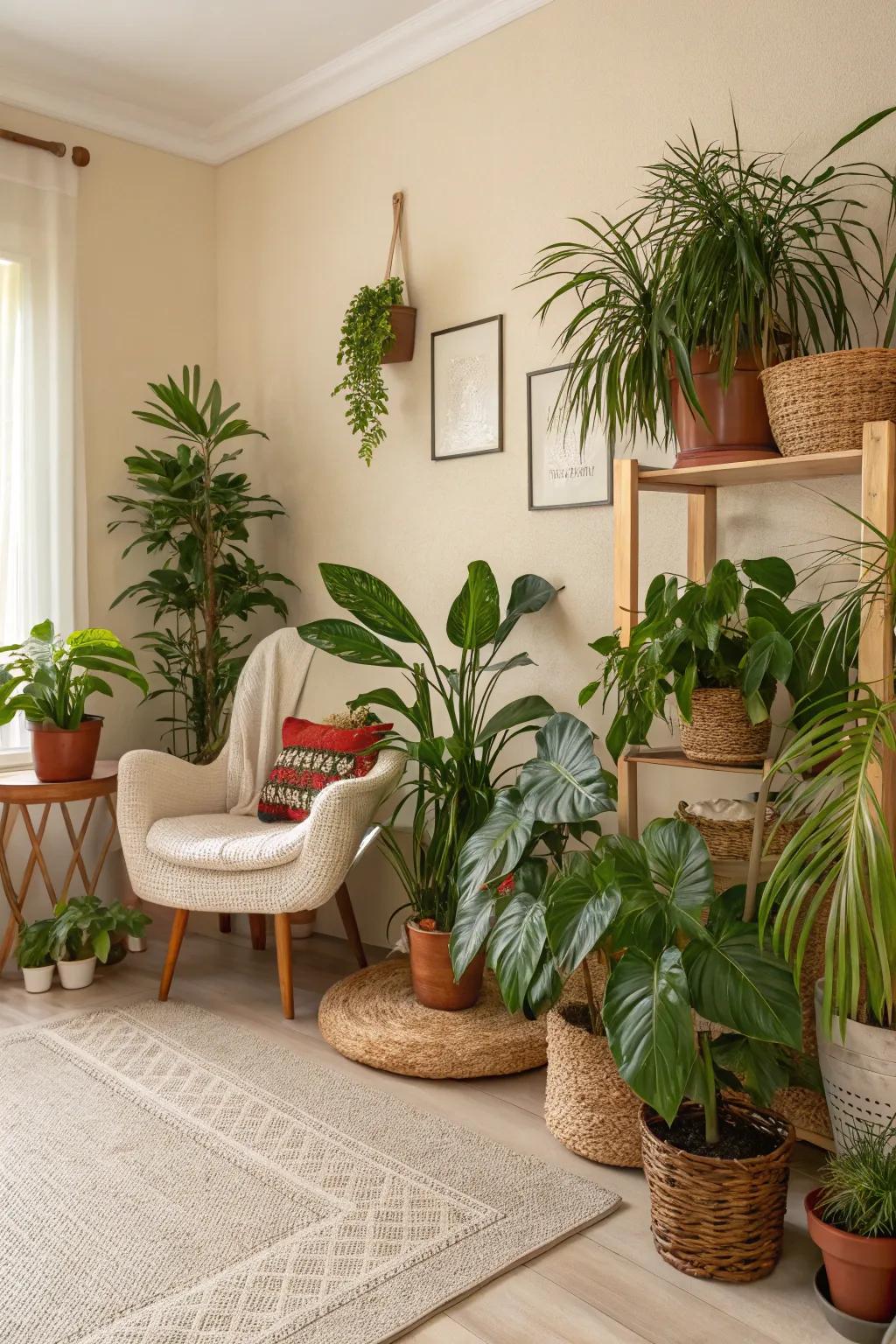 This beige interior is enlivened and made more natural by the presence of greenery.