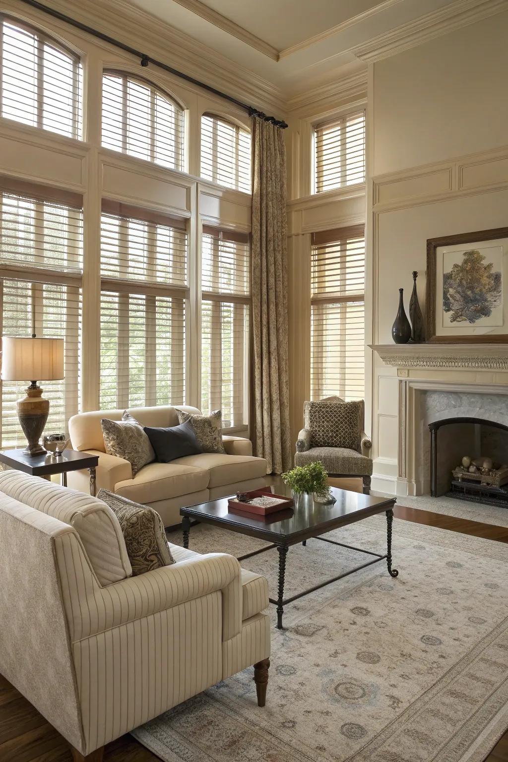 Coordinated blinds enhance living room decor.