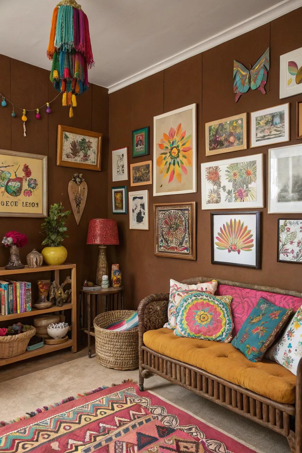 An artistic haven featuring sienna walls that amplify vibrant artworks.