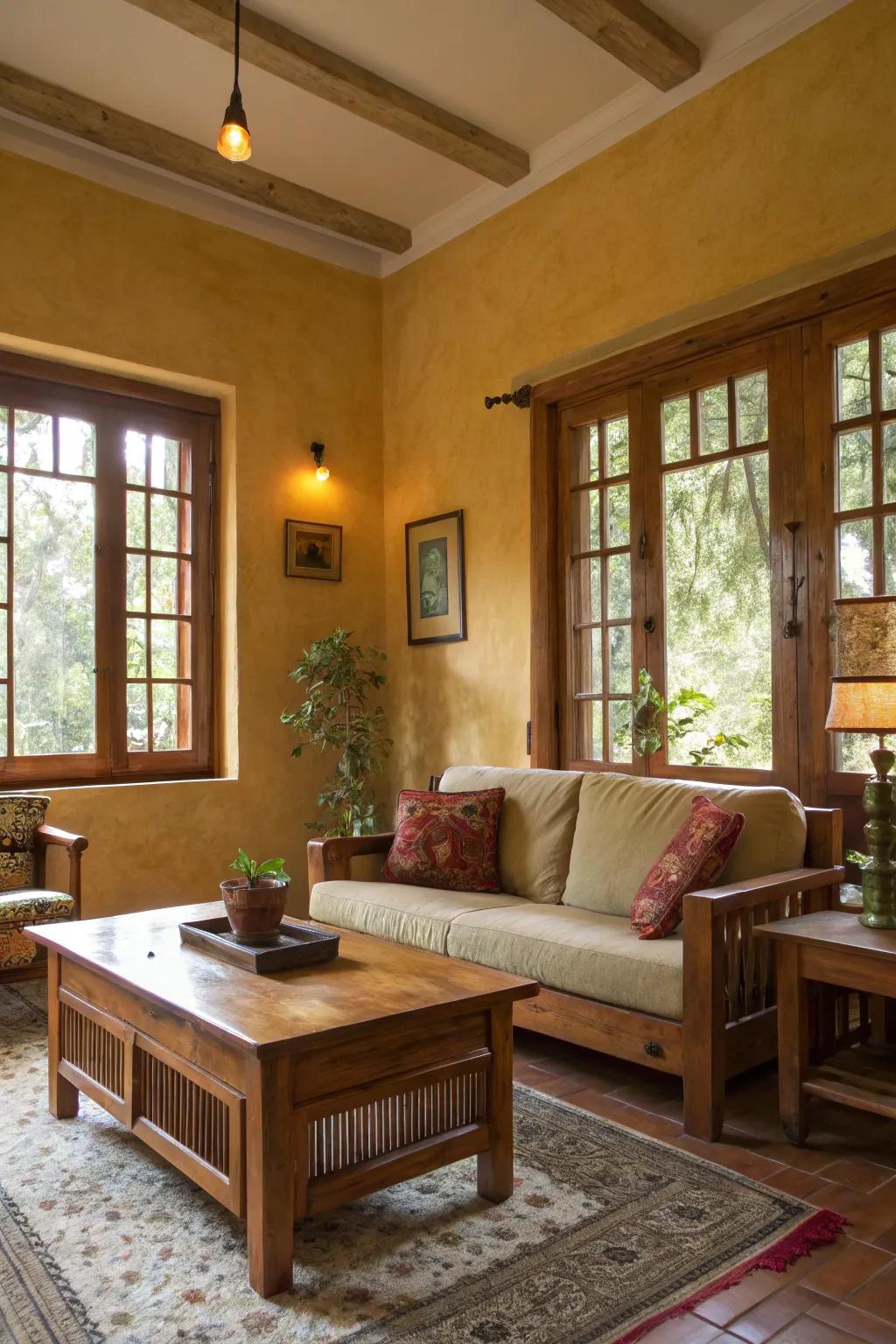Toasty saffron walls radiate comfort and warmth.