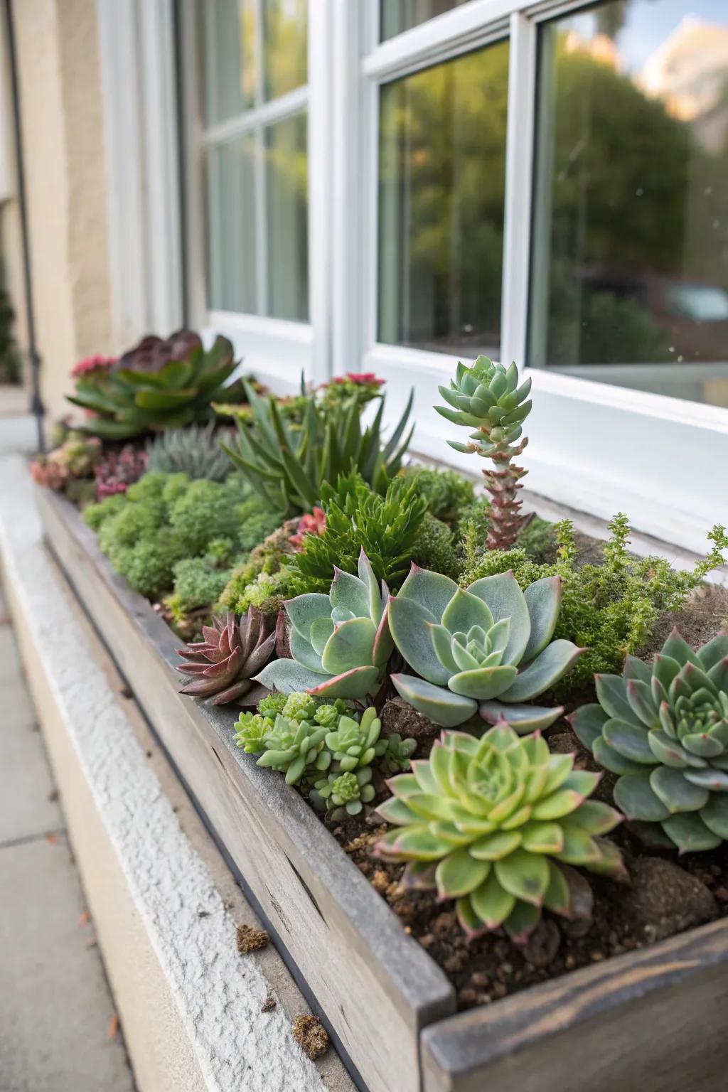 Succulents introduce a contemporary flair to window box aesthetics.