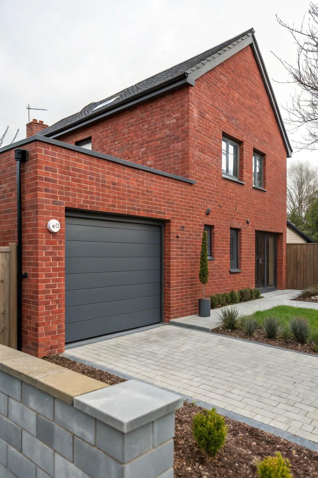 Deep gray garage doors bring a modern flair to red brick homes.