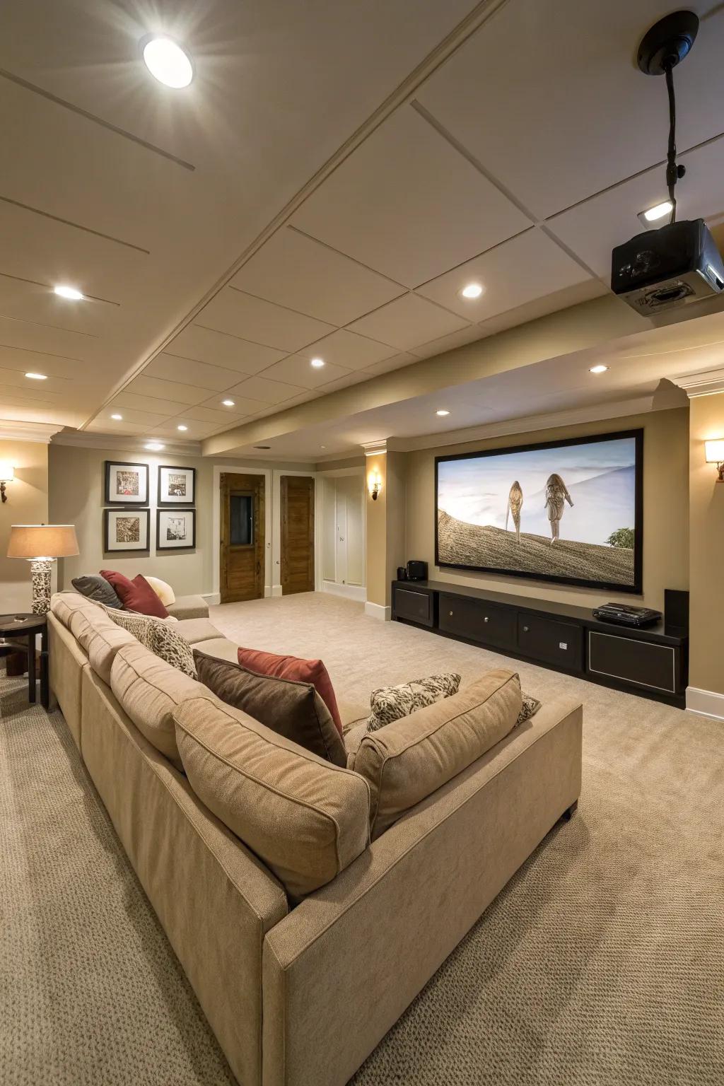A sectional sofa providing ample seating for a family-oriented theater setting.