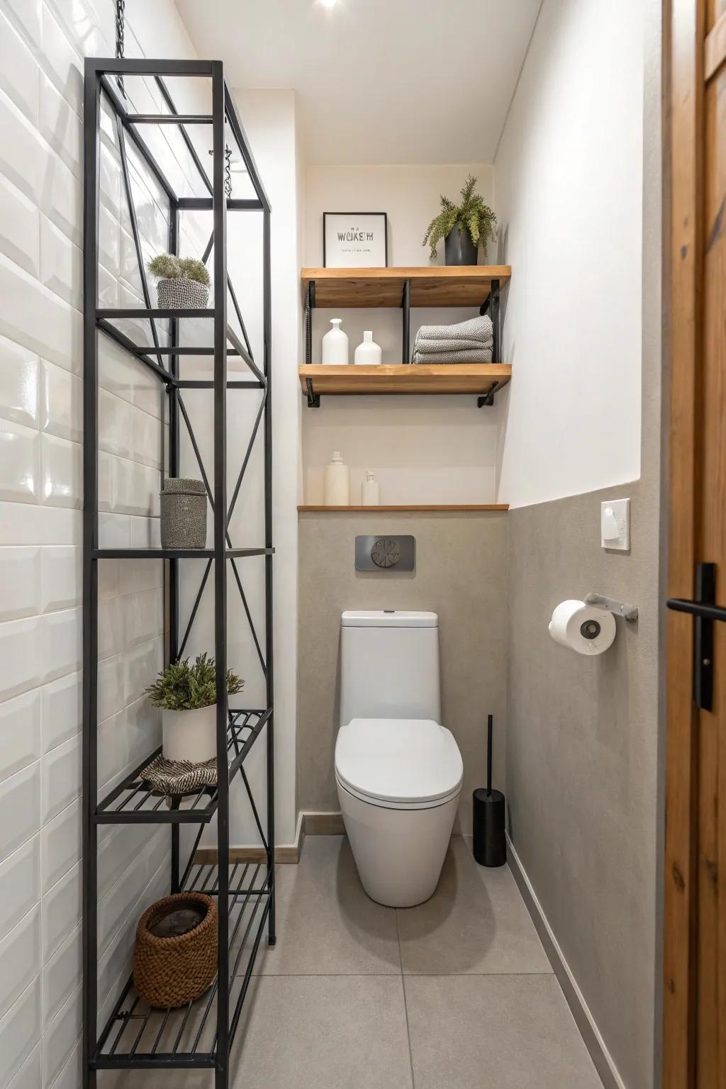 Metal shelving adds a modern, industrial touch to bathroom storage.