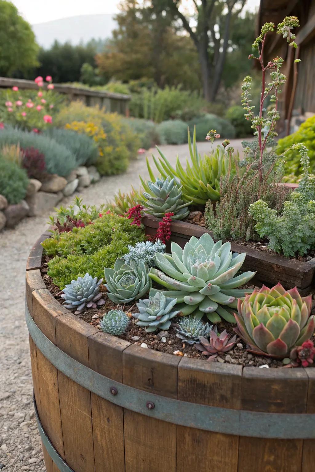 A stunning collection of drought-tolerant plants thriving in a whiskey barrel.