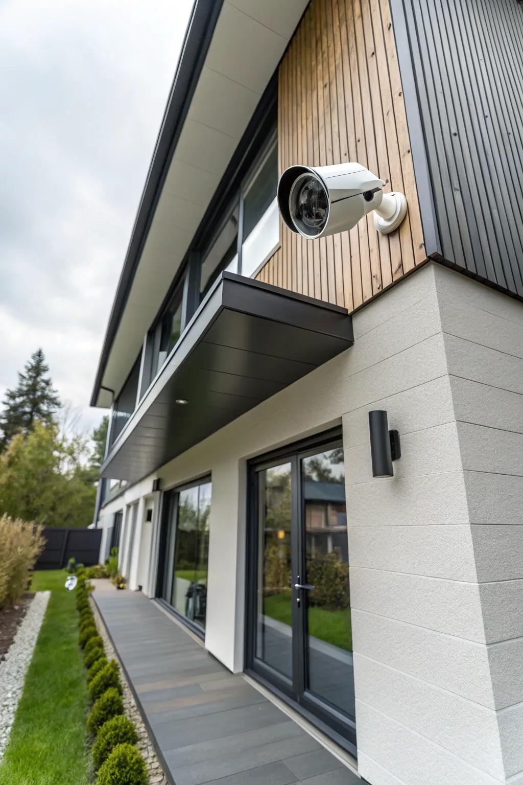 An intelligent security camera discreetly integrates into a home's facade, offering continuous surveillance without disrupting the design.