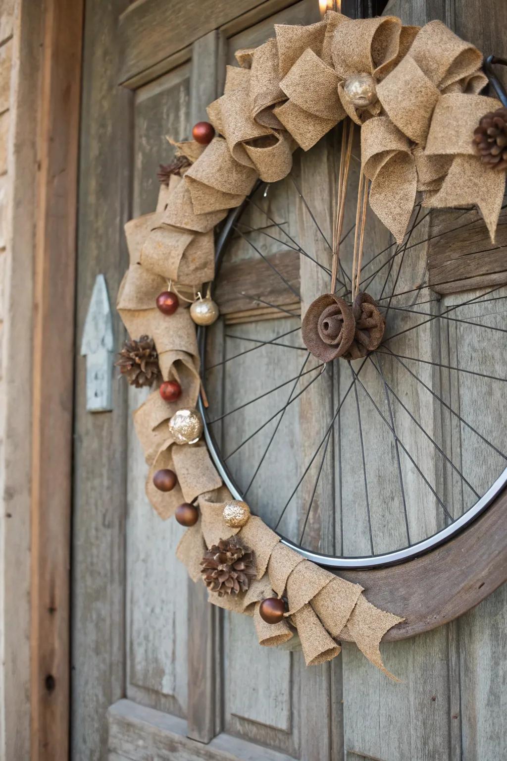 A charming rustic bicycle wheel wreath with burlap and wooden touches.
