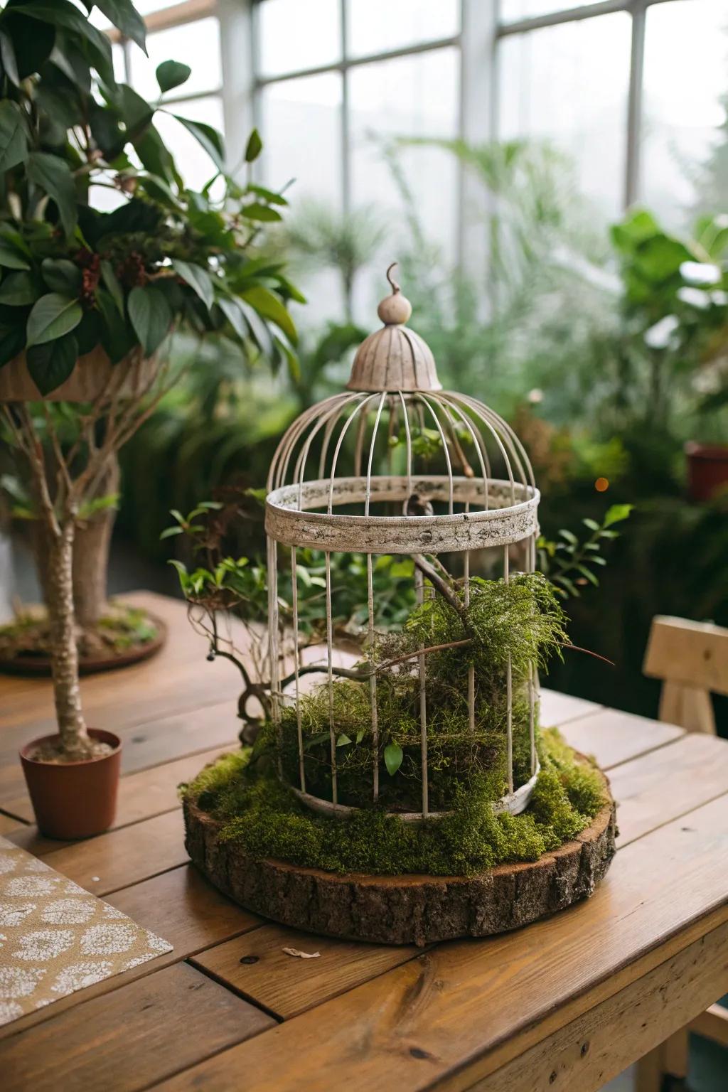 A bird cage centerpiece presenting natural elements for an earthy sensation.