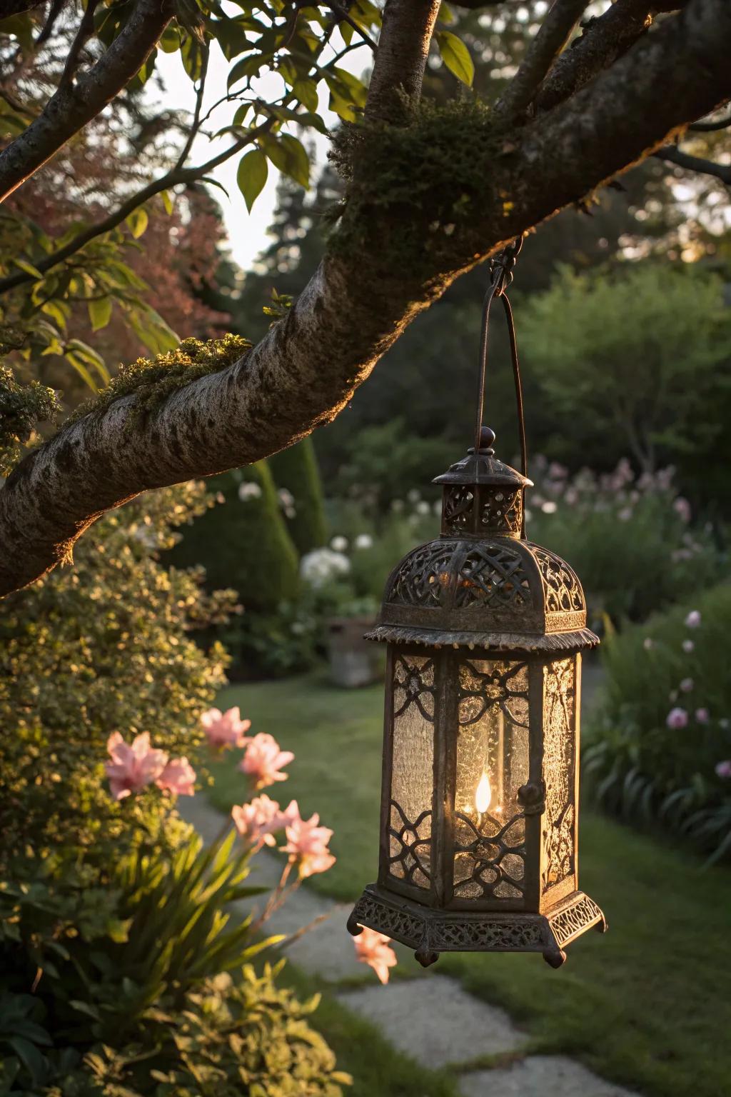 A vintage lantern feeder providing a nostalgic element to the garden.