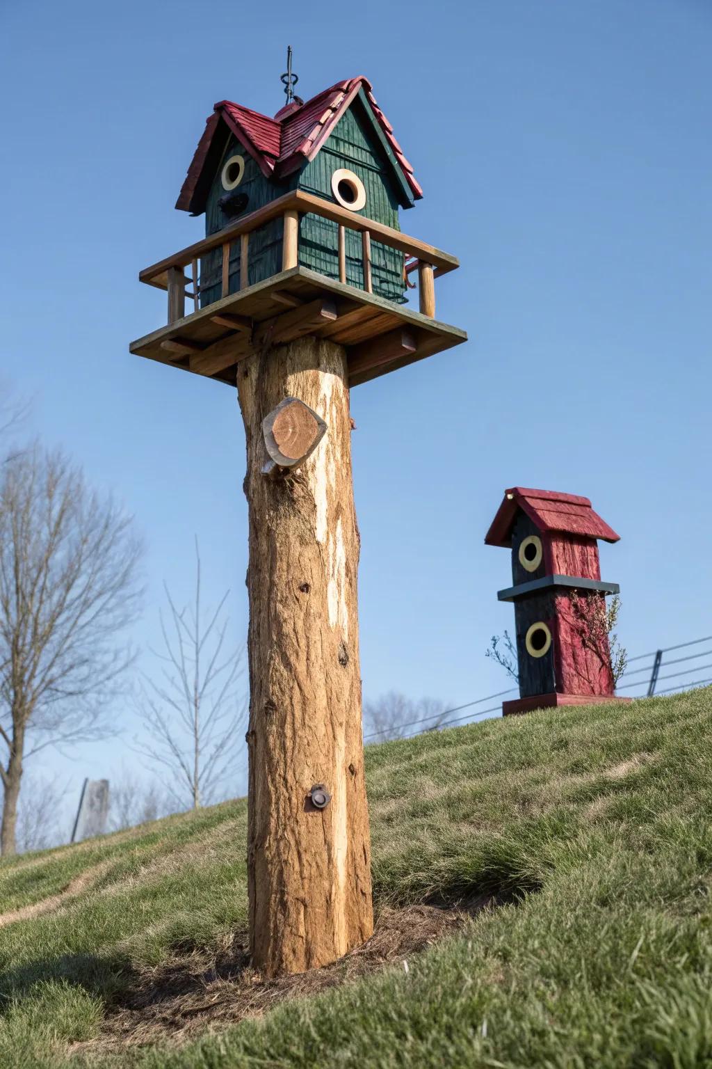 Where artisanship converges with the natural world: An impressive bird-feeder post complemented by an incorporated birdhouse.