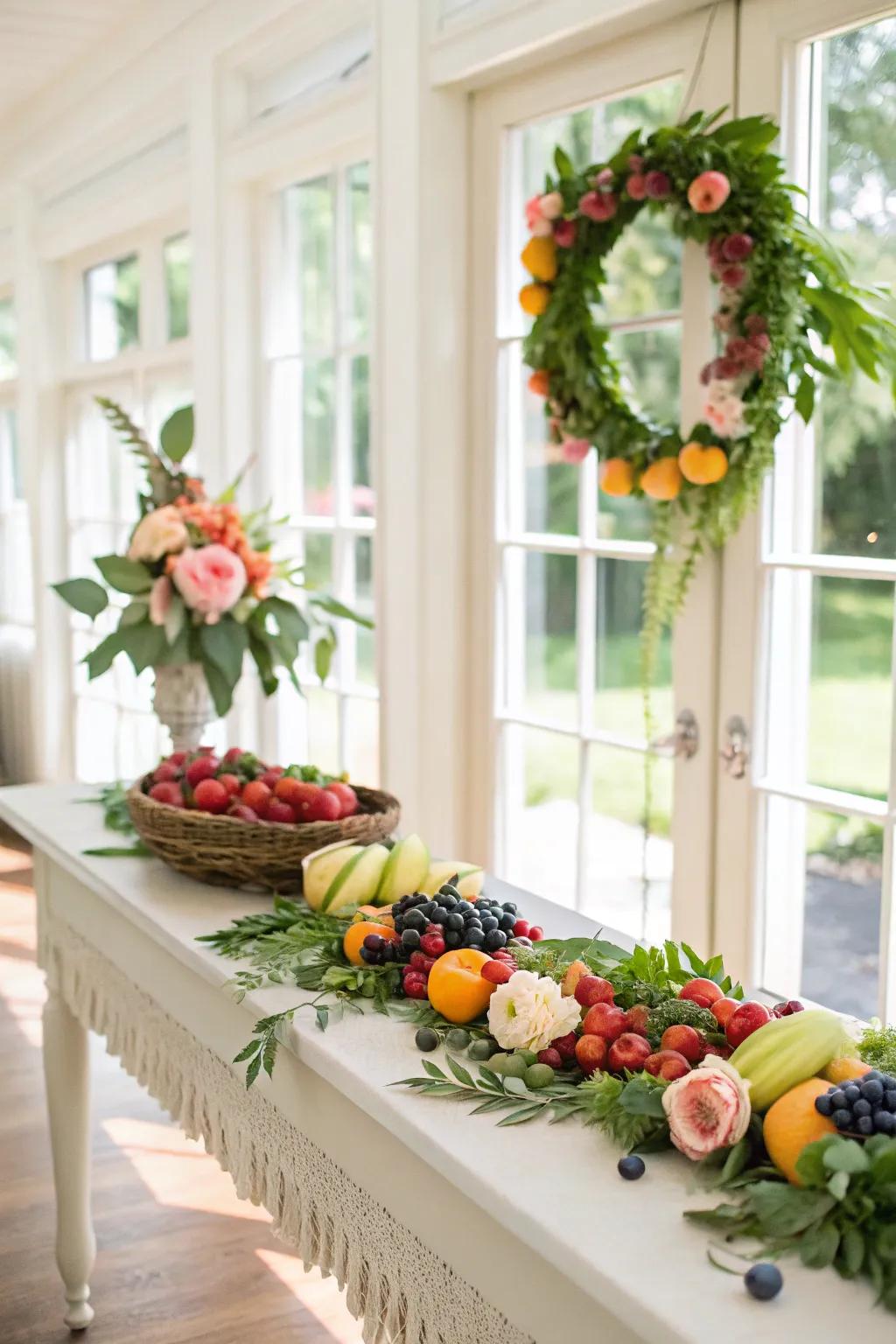 A refreshing and colorful fruit and floral garland for summer festivities.