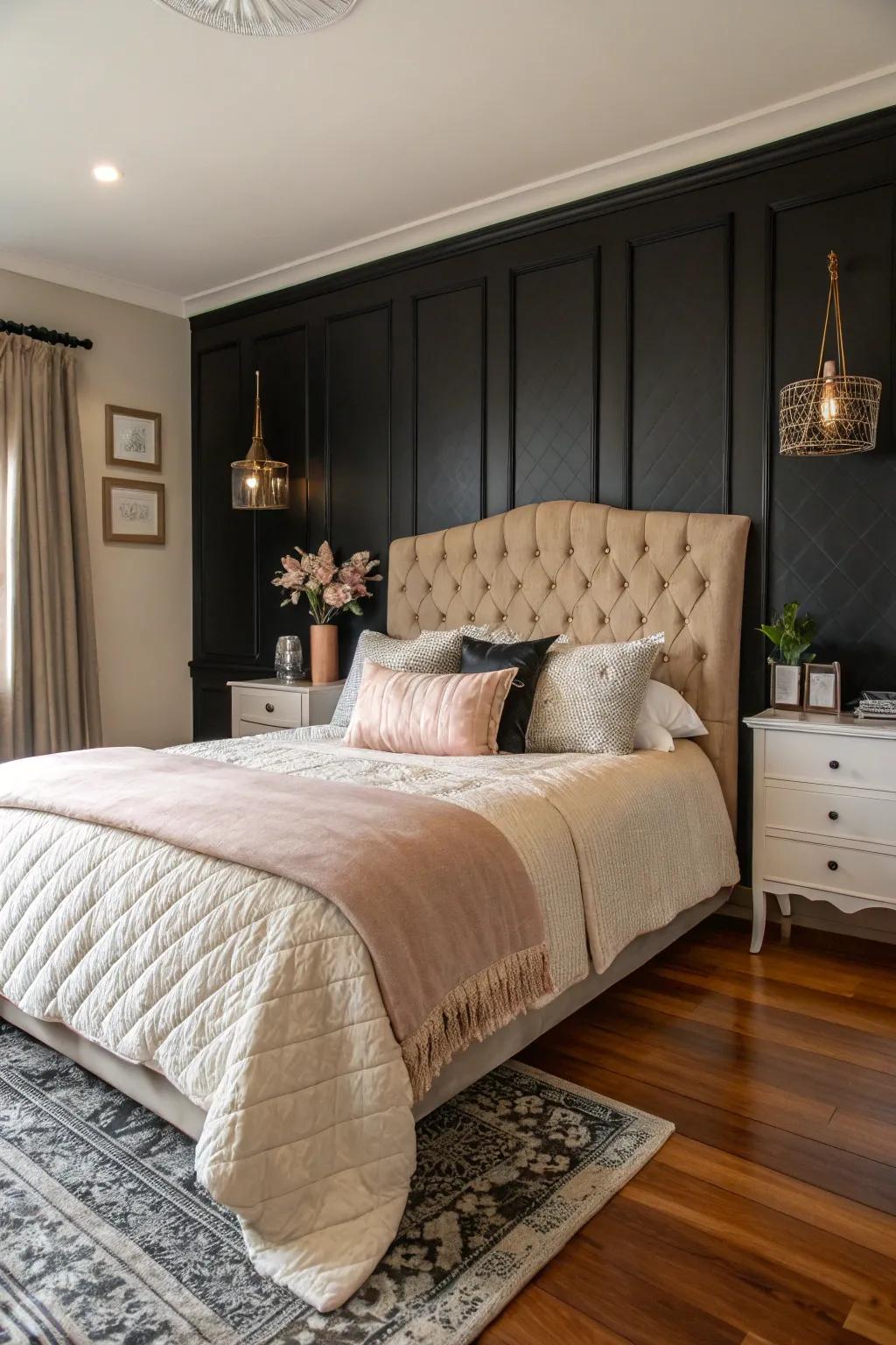 A welcoming bedroom featuring a black focus wall that draws attention to the sophisticated headboard and cozy bedding.