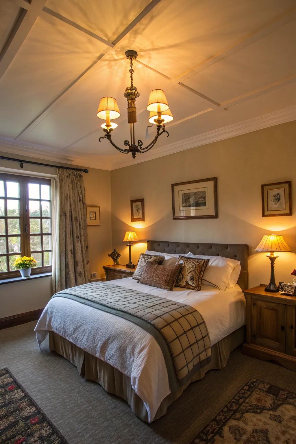 Warm lighting enhances the cozy ambiance of the bedroom.