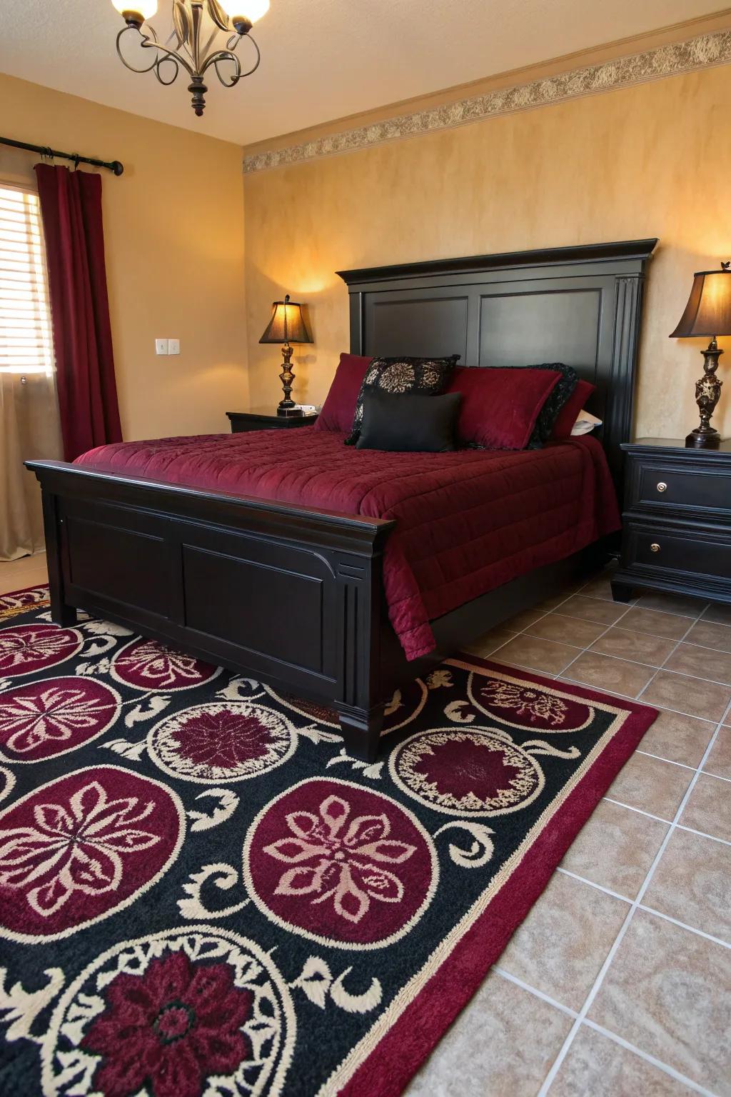 A textured floor covering in black and burgundy introduces visual appeal and unifies the room.