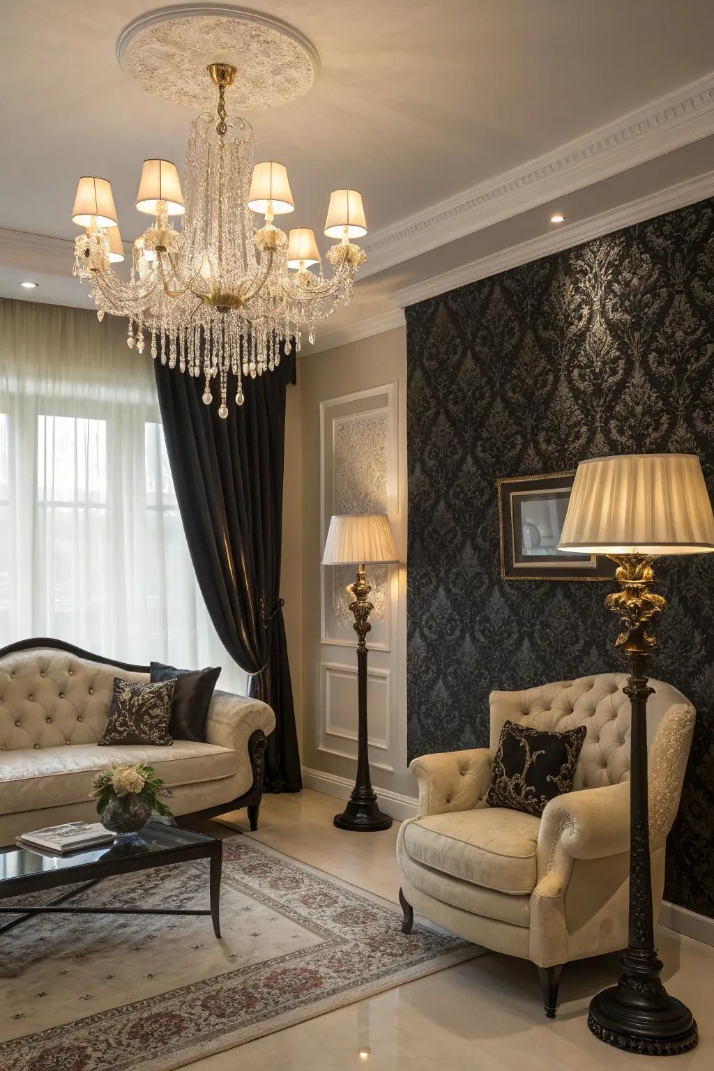 A striking chandelier and elegant upright lamp highlight the sophistication of an ebony and ivory living room.