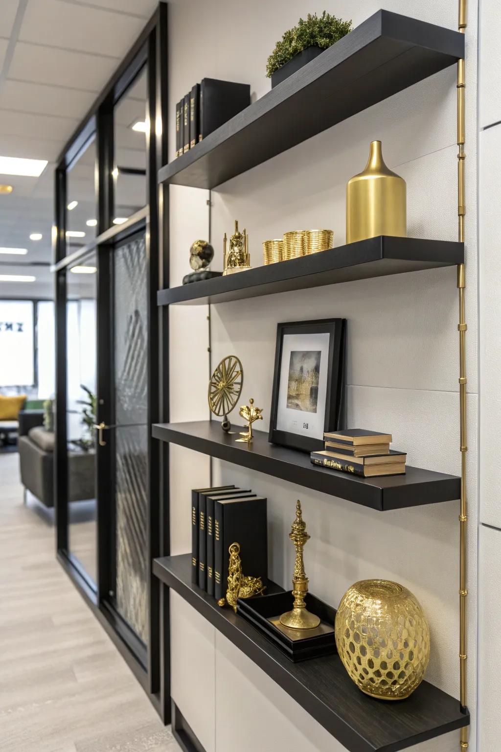 Ebony shelving alongside gilded decor creates a harmonious and elegant display.
