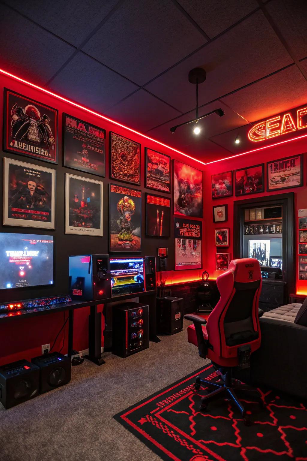 Gaming-themed wall art in red and black offers a personal touch to the setup.