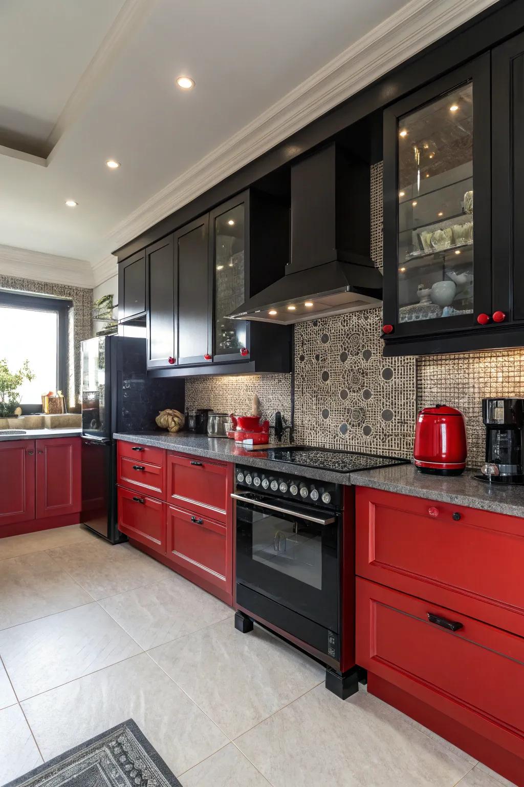 Audacious scarlet gadgets establish a striking assertion against ebony cabinetry.