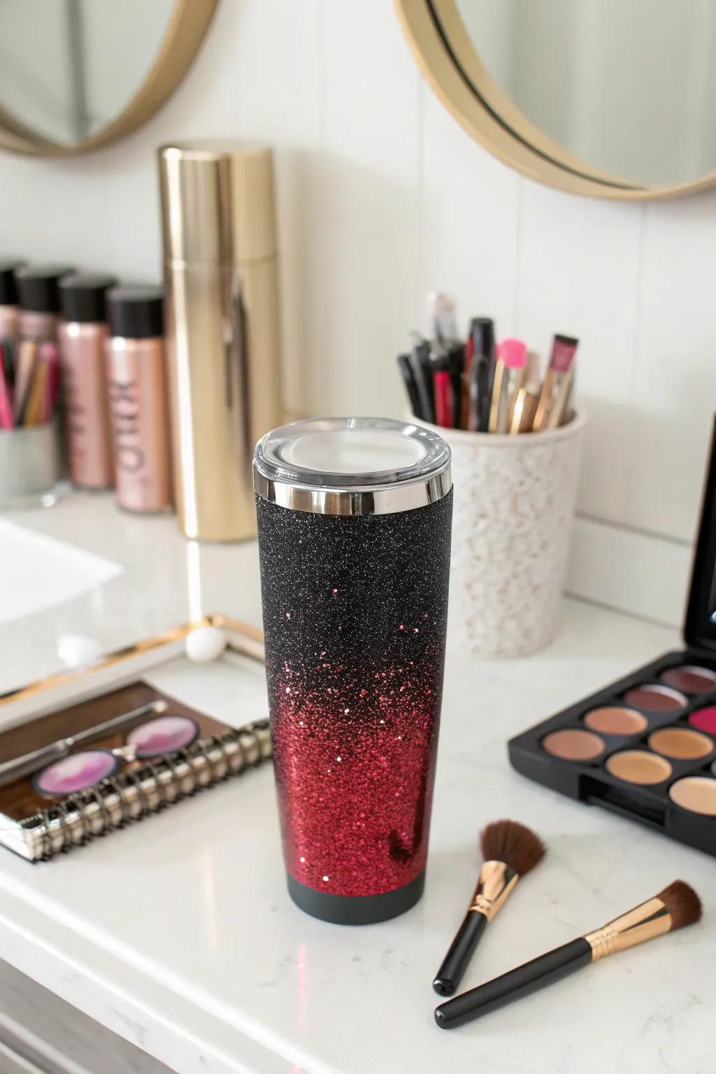 A glittering red and black tumbler that radiates sophistication.
