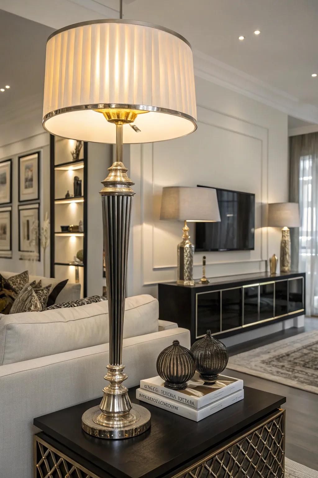 A living space with elegant contemporary lighting that enhances the dark and pale aesthetic.