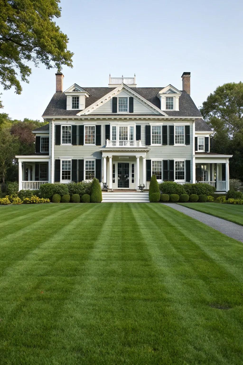 A Colonial-inspired dwelling showcasing balanced black and white details.