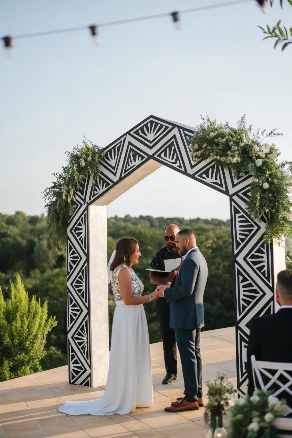A striking geometric archway contributes a contemporary flair to the traditional monochrome ceremony.