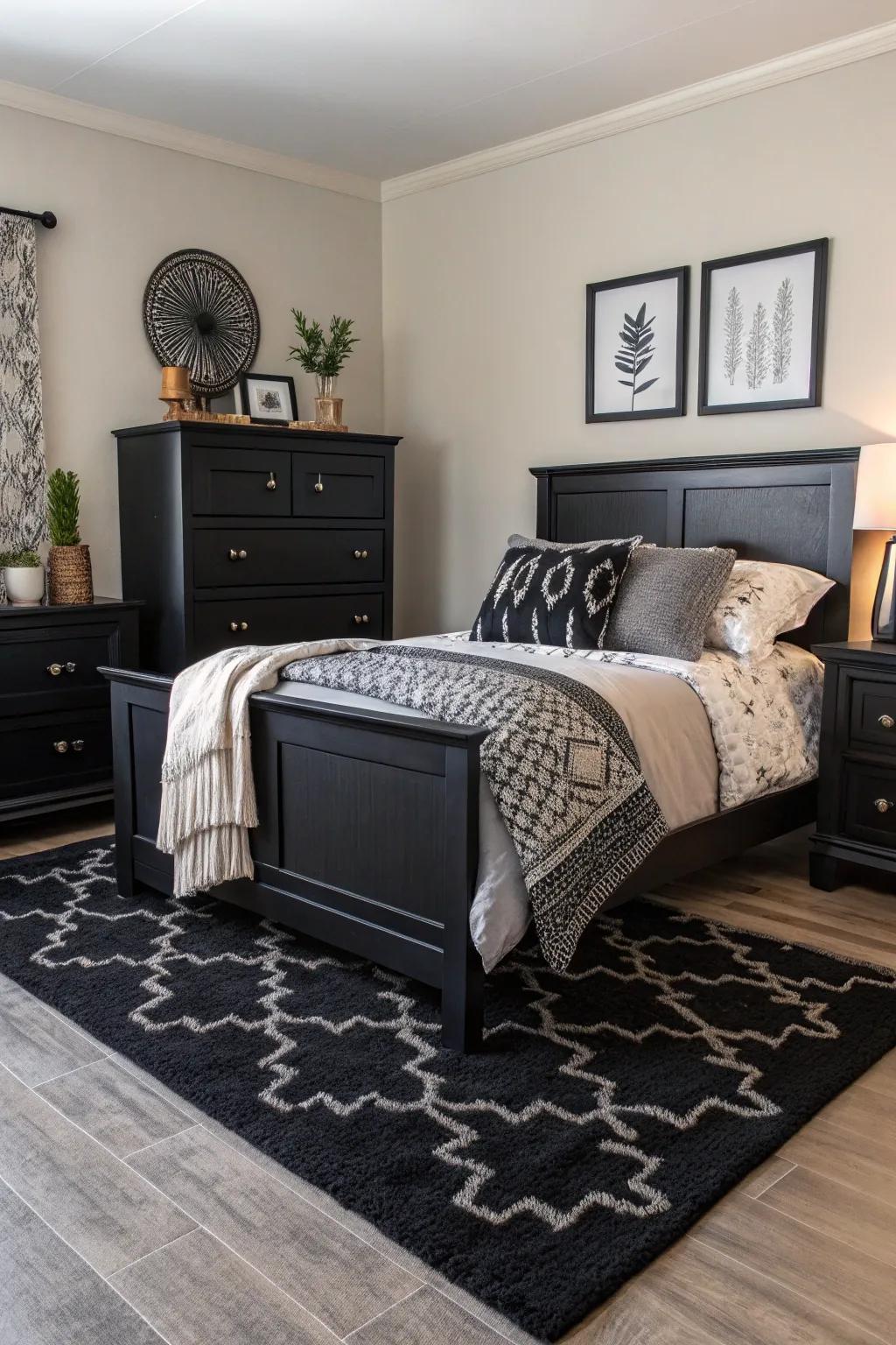 A textured masterpiece with dark furniture and layered materials.