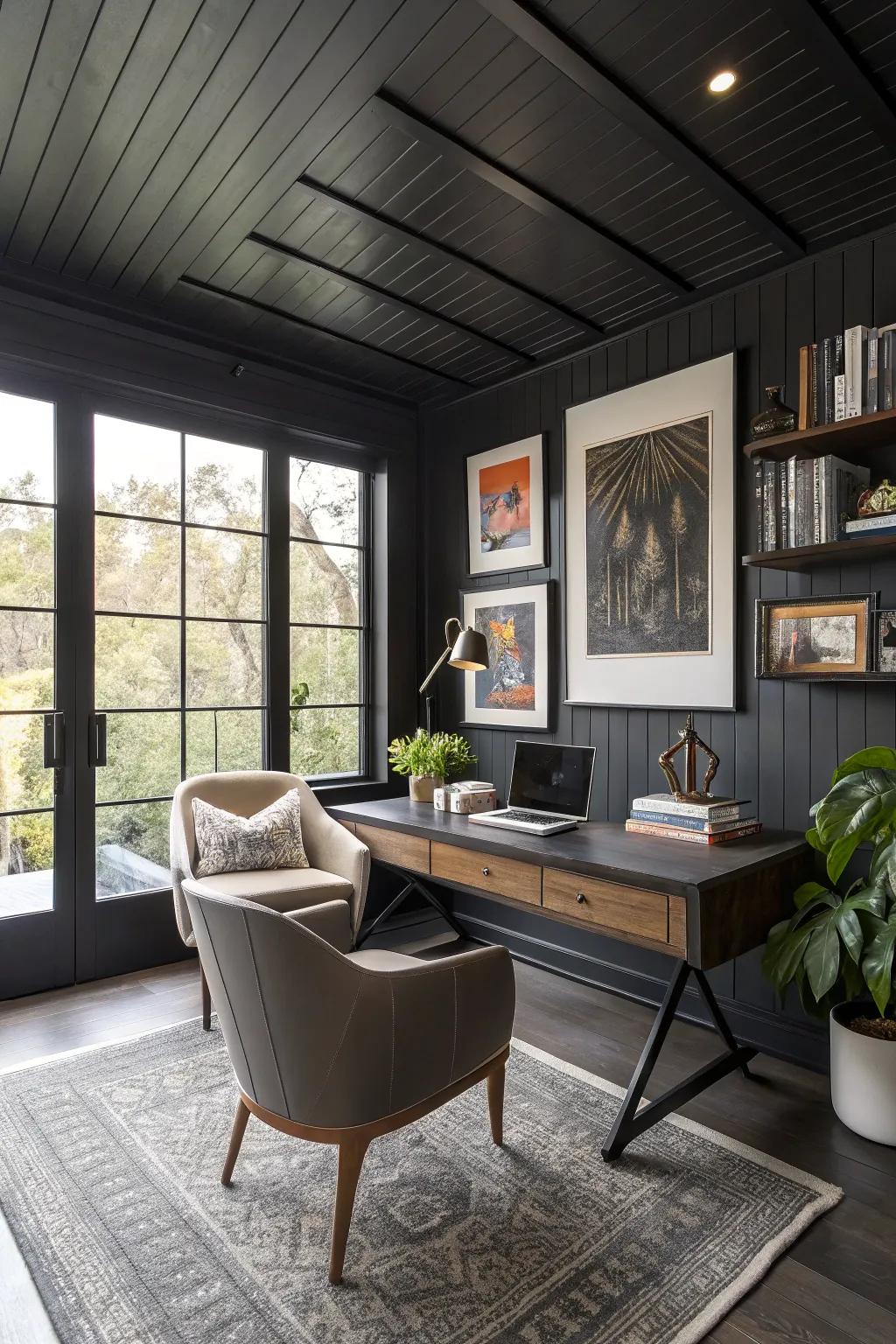 A modern home office design uses a black ceiling to inspire creativity.