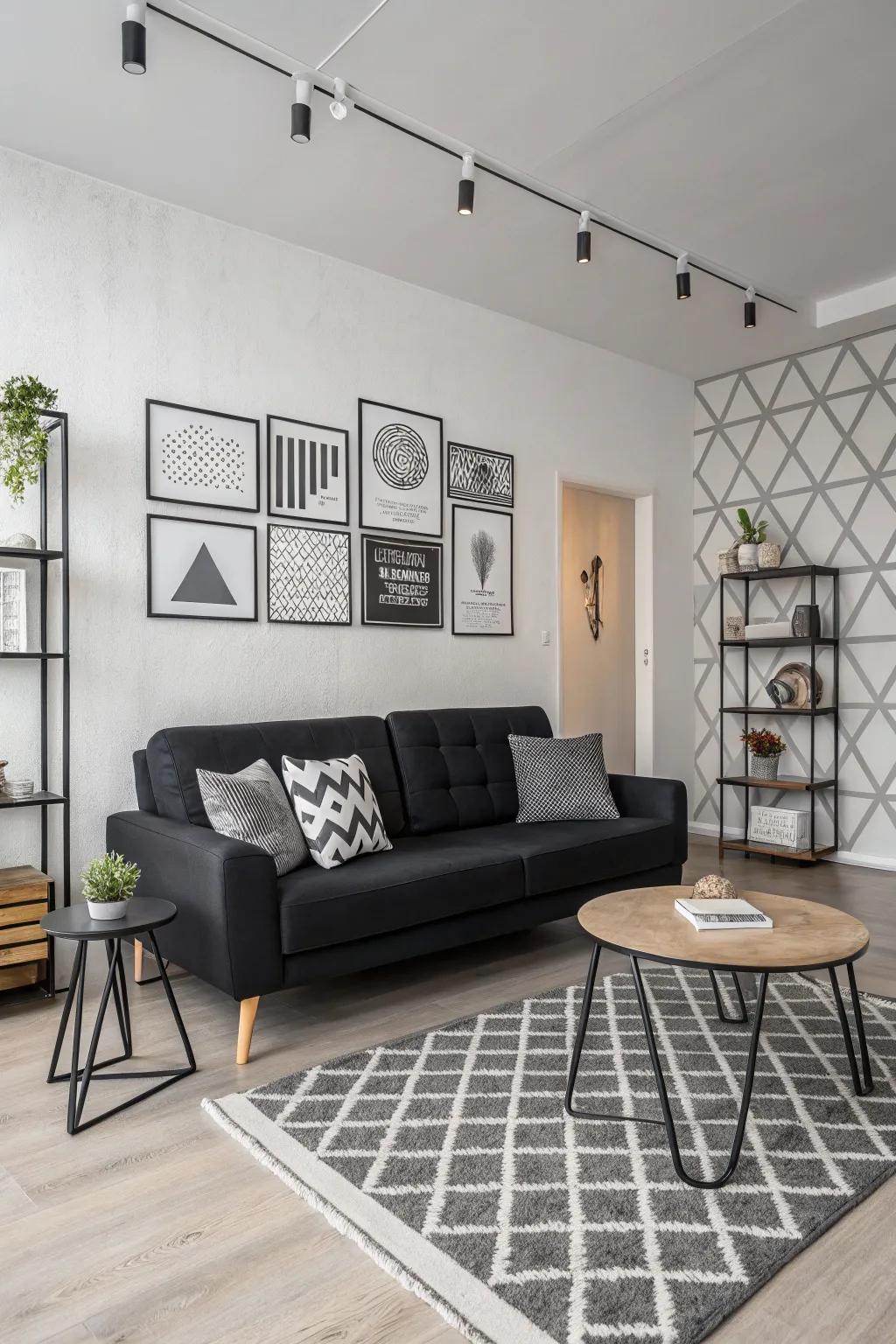 Contemporary minimalism featuring a black couch.