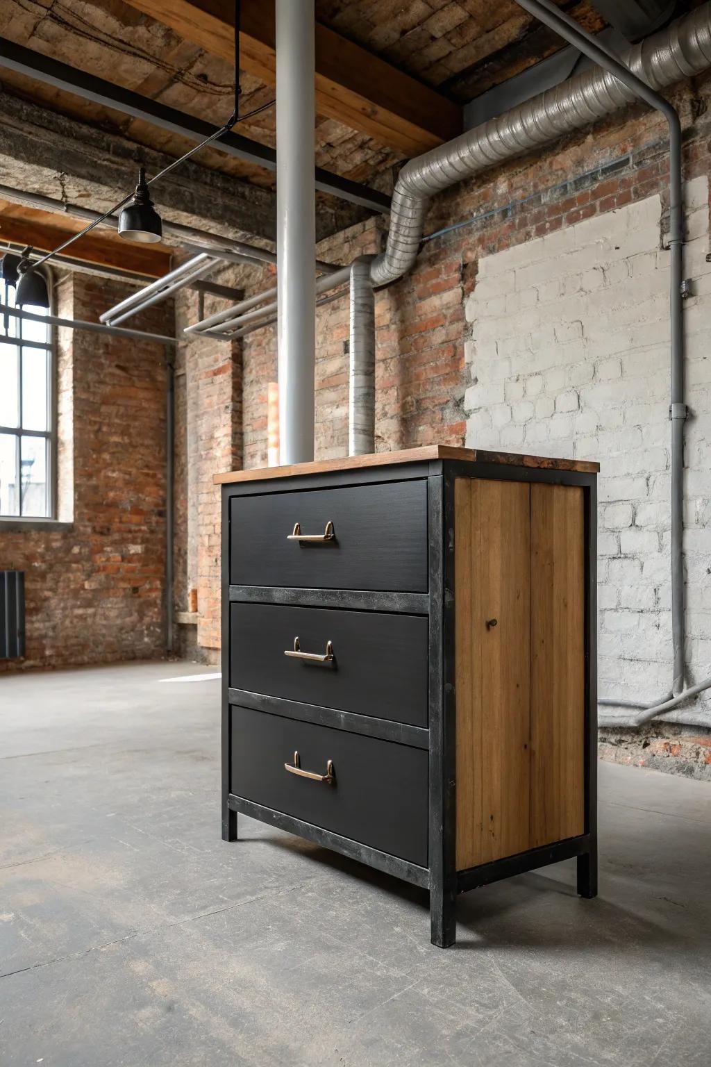 A dark stained dresser in an industrial-style setting featuring metal and wood.