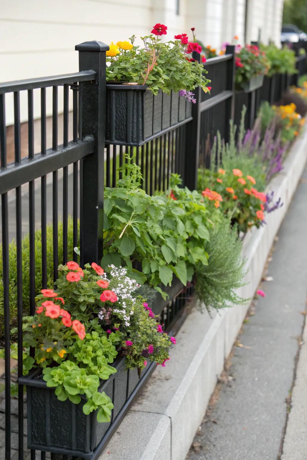 Integrated planters in a black fence create a lush vertical garden.