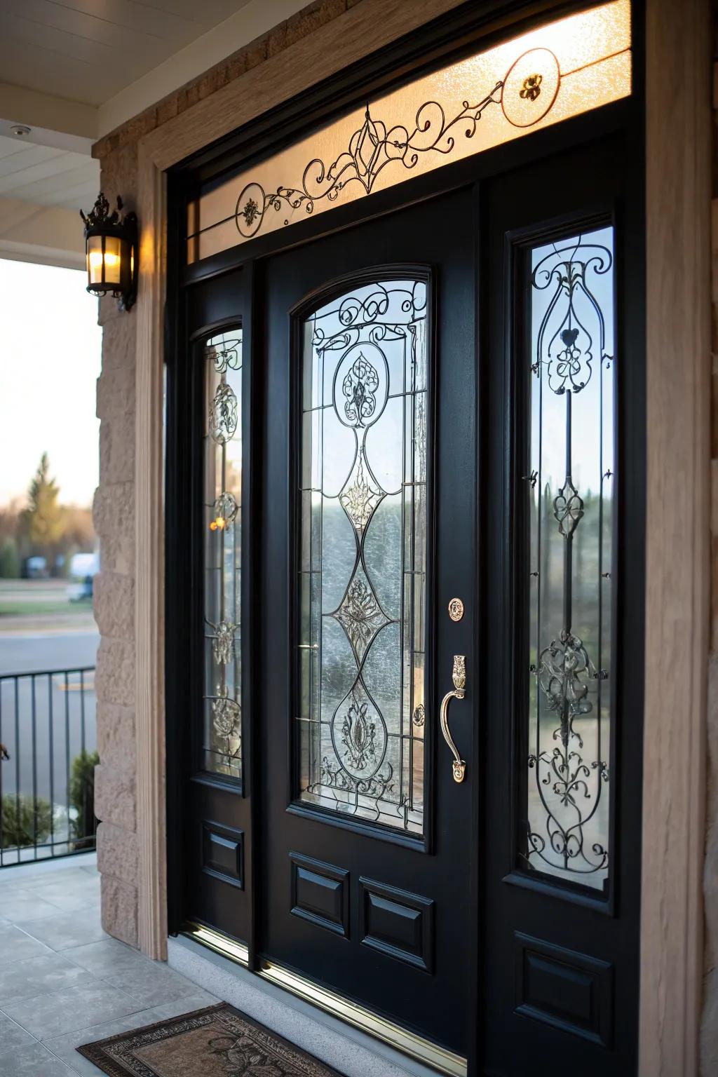A stylish dark-toned entrance presenting stylish glass elements.