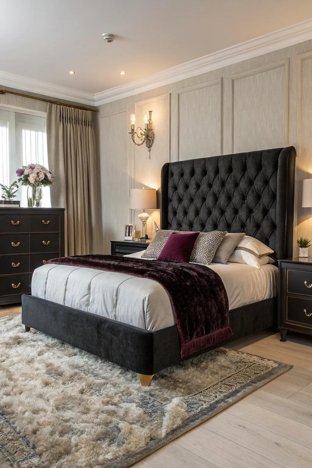 Chic bedroom featuring a raised dark headboard