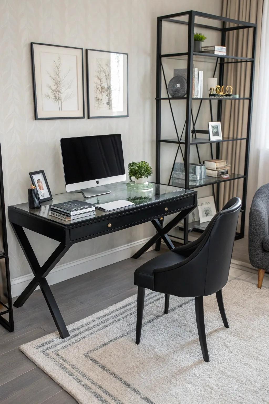 A simple dark office design that promotes focus.