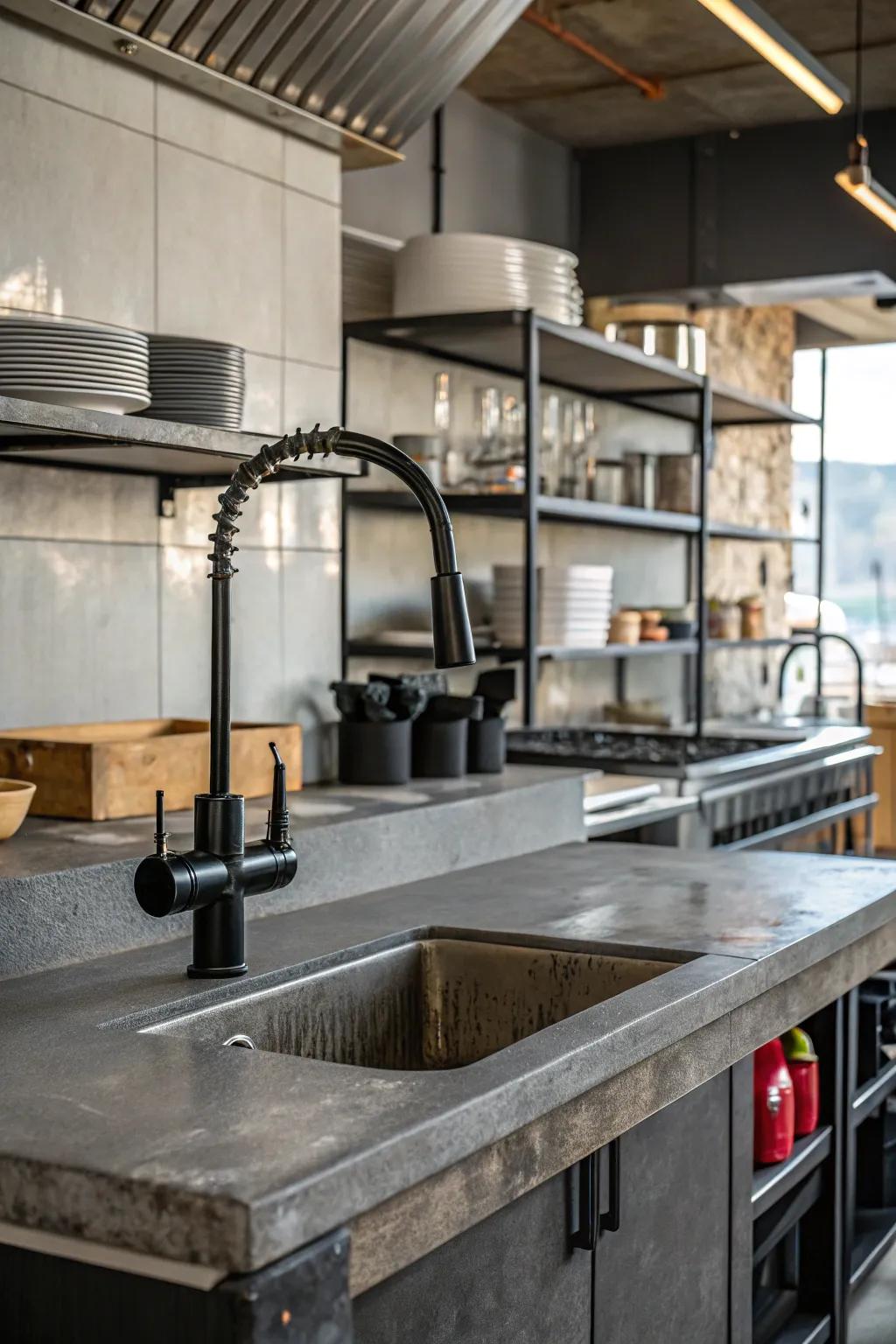 Urban elements paired with a dark toned faucet create a bold kitchen impression.