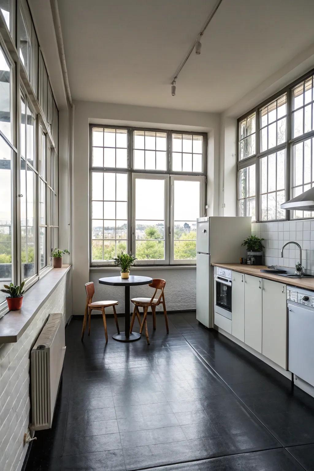 A minimalist kitchen with black floors, emphasizing simplicity and elegance.