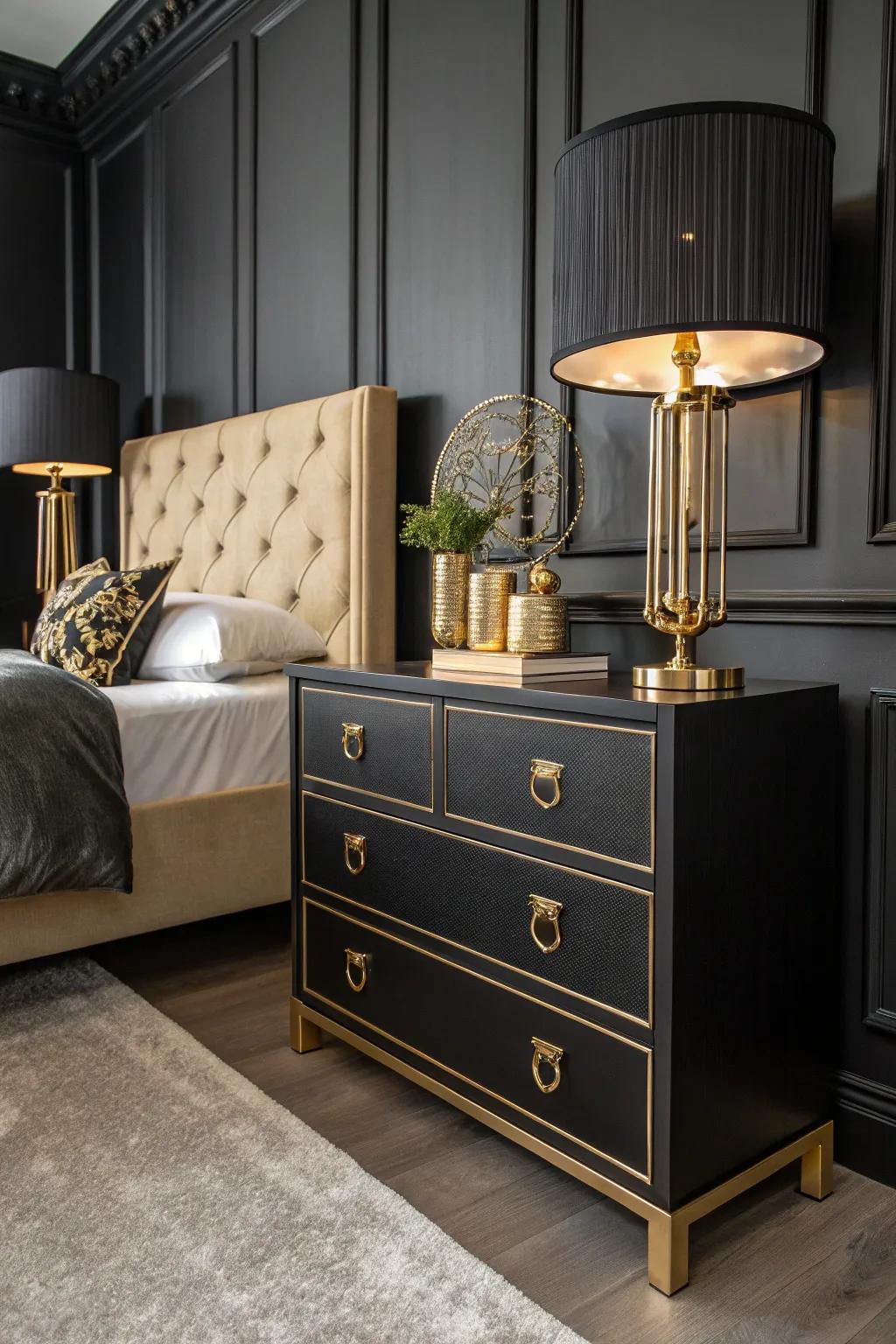Metallic accents add a touch of elegance to a black bedroom.