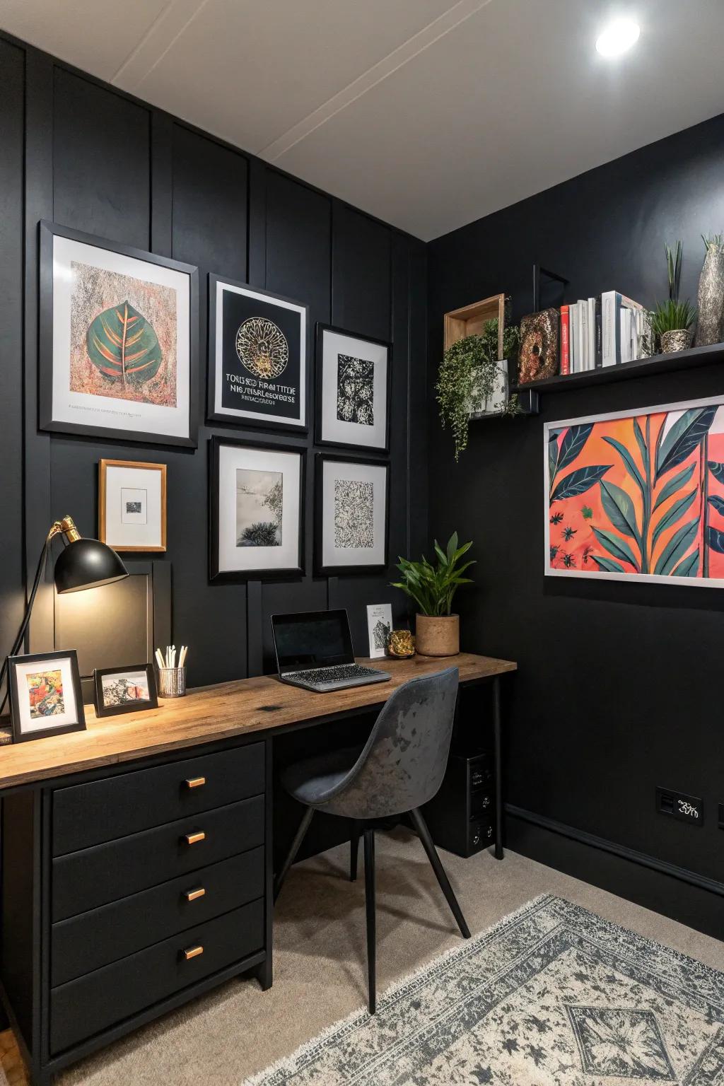 Artwork introduces individuality and inspiration to a black office.