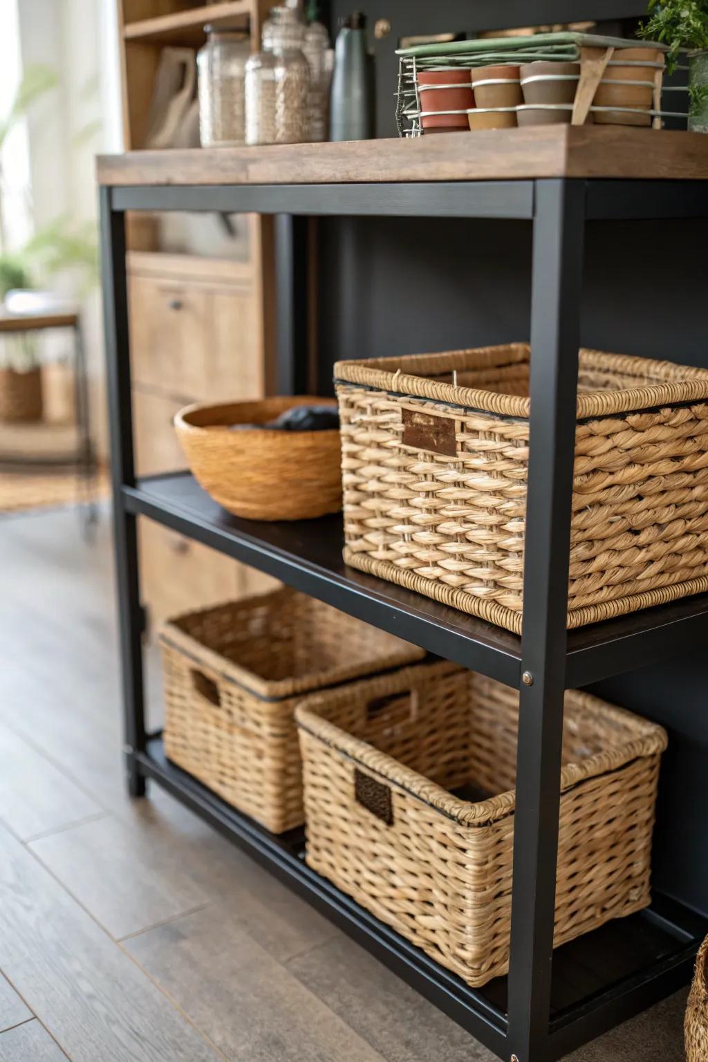 Wicker baskets blending function and style on a black shelf.