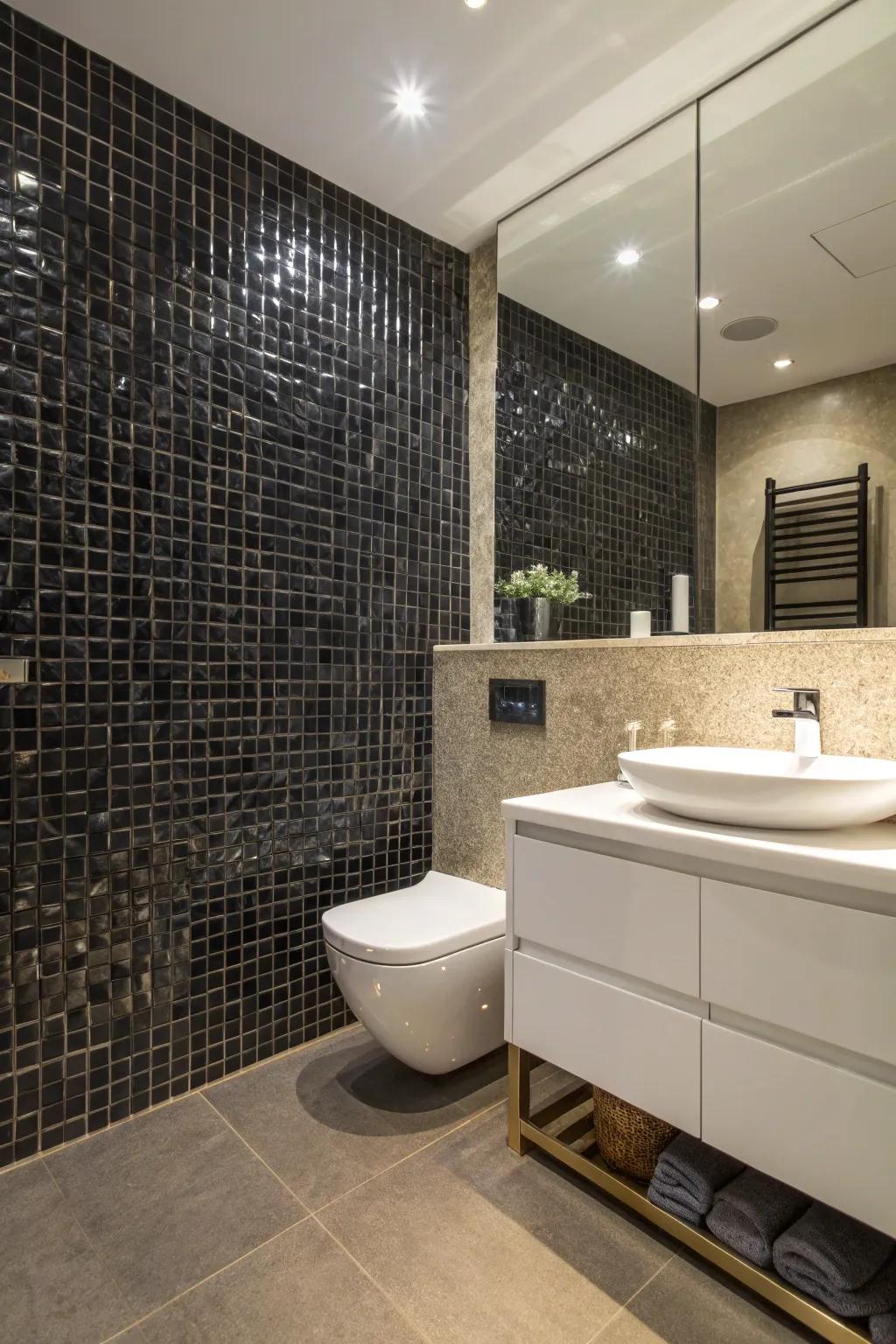 An accent wall with dark mosaic panels adds pattern and visual charm.