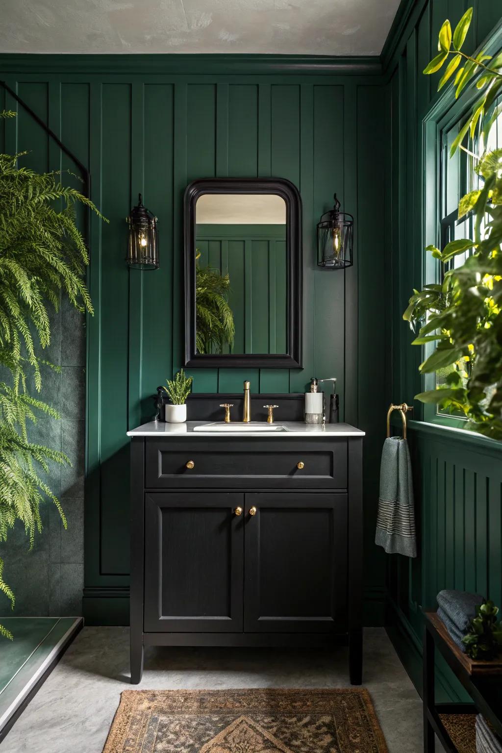 Deep green walls paired with dark vanities evoke a sense of tranquility and sophistication.