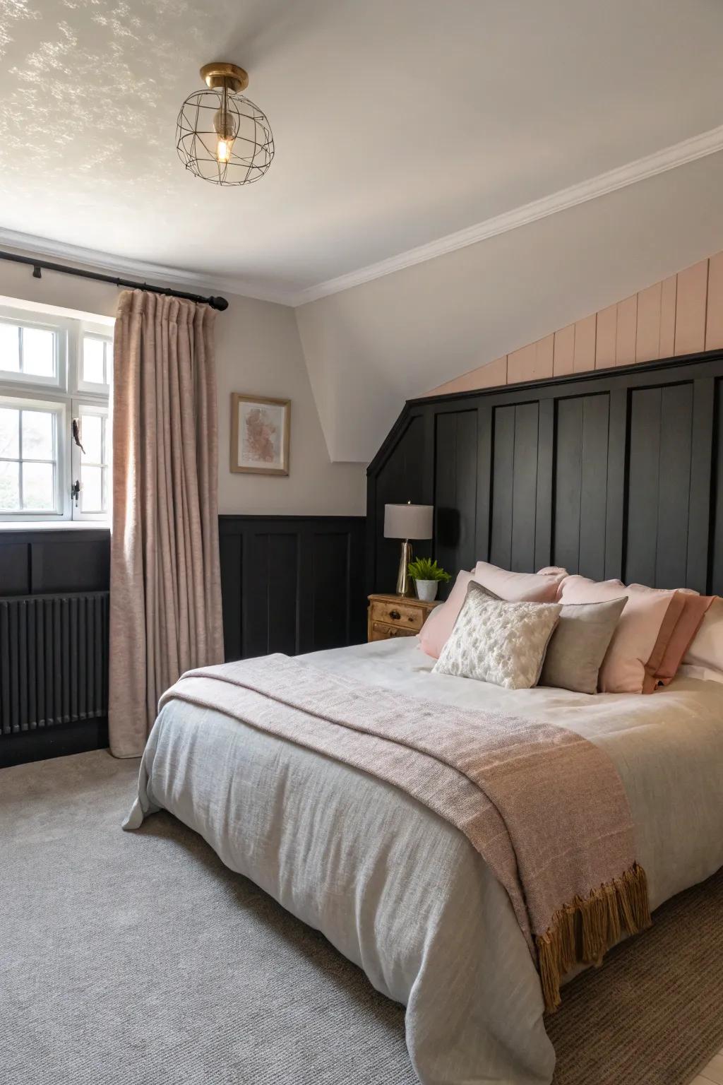 A cozy bedroom sanctuary enhanced with black wainscoting.