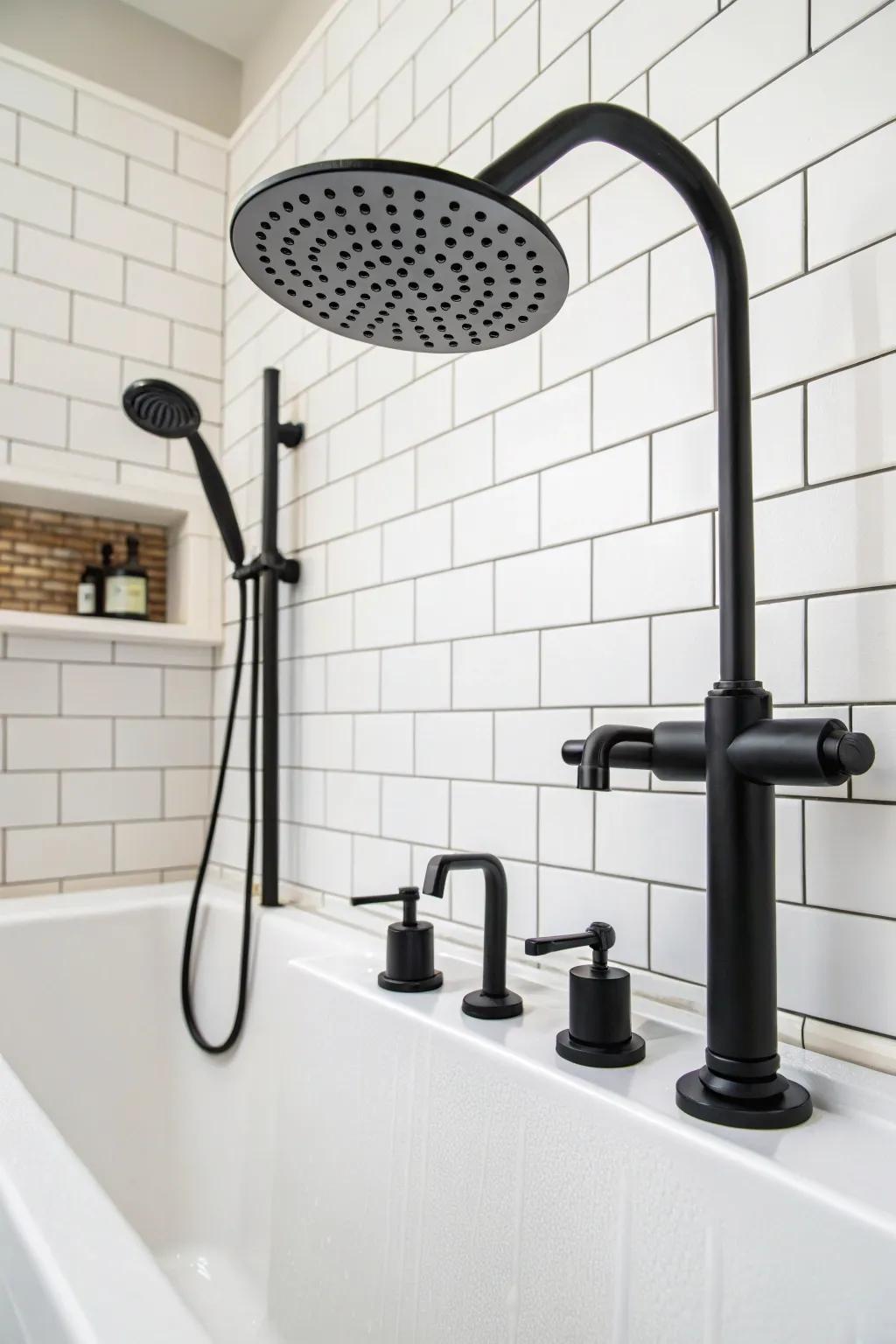 Muted dark hardware brings a contemporary edge to this bathroom design.