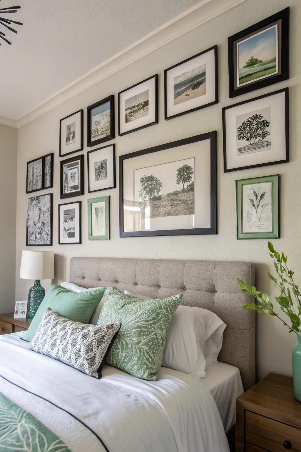 Monochrome art with verdant elements to enhance the room's theme.