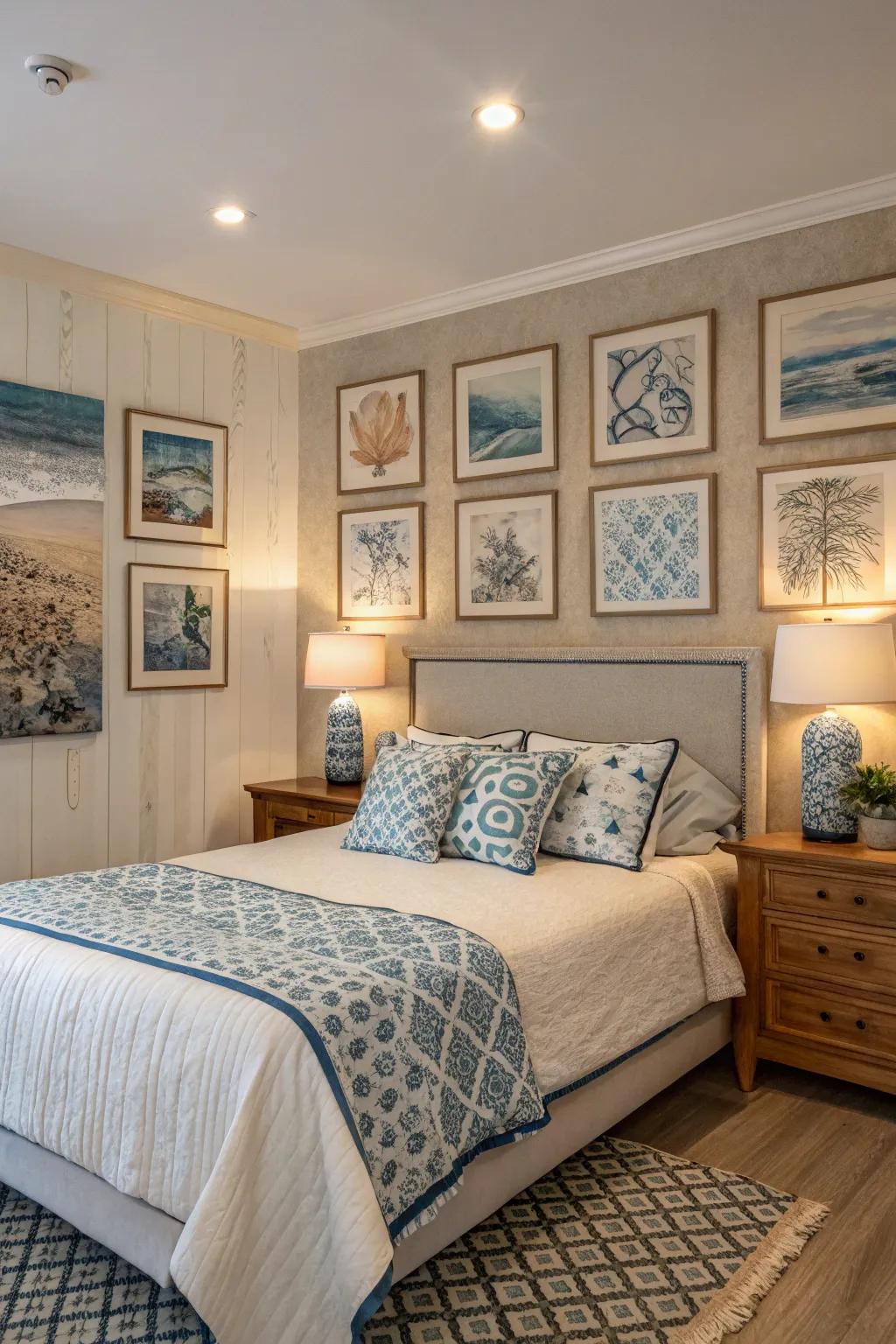 Beige and blue art give the room character.