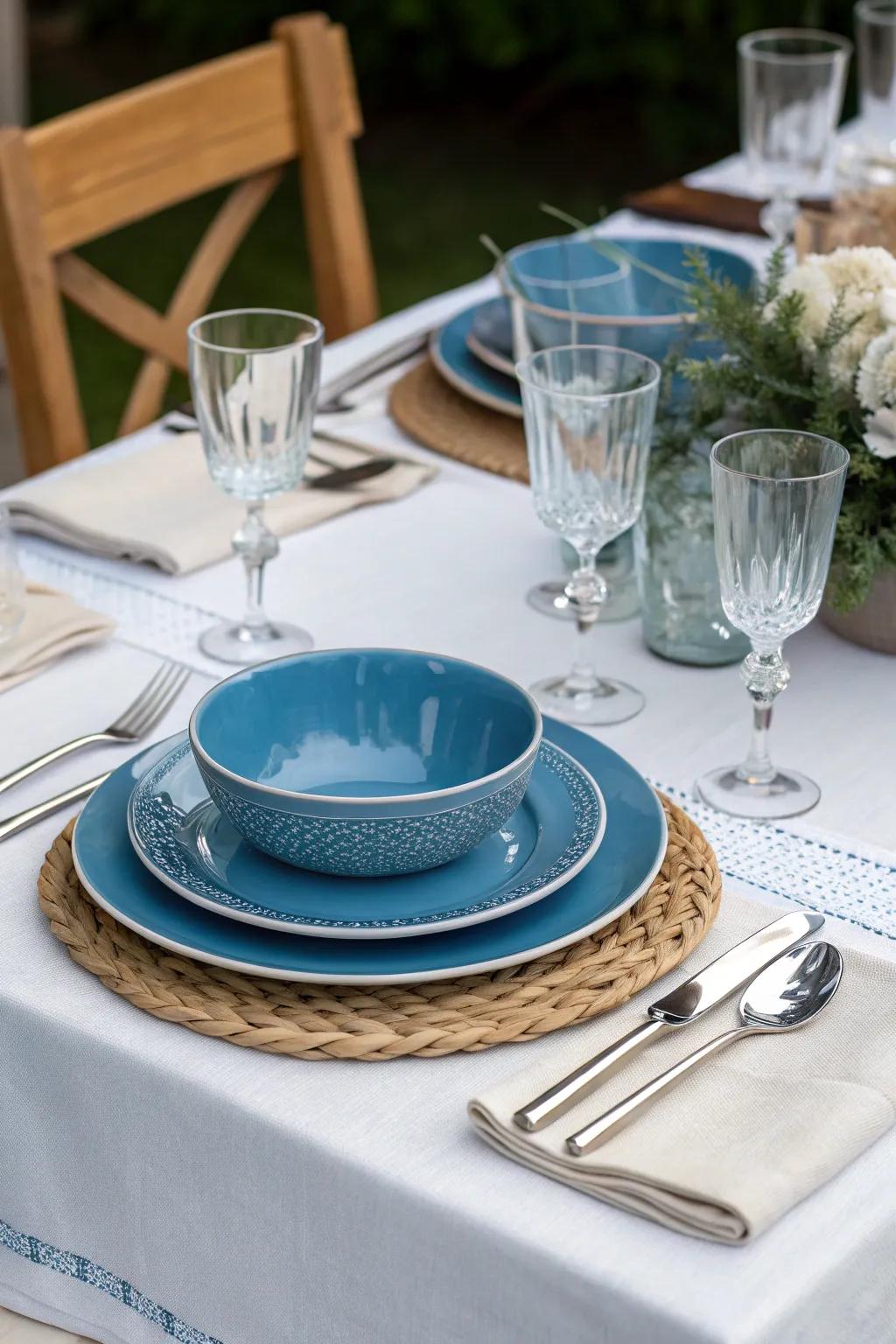 A sophisticated azure table arrangement perfect for holiday meals.