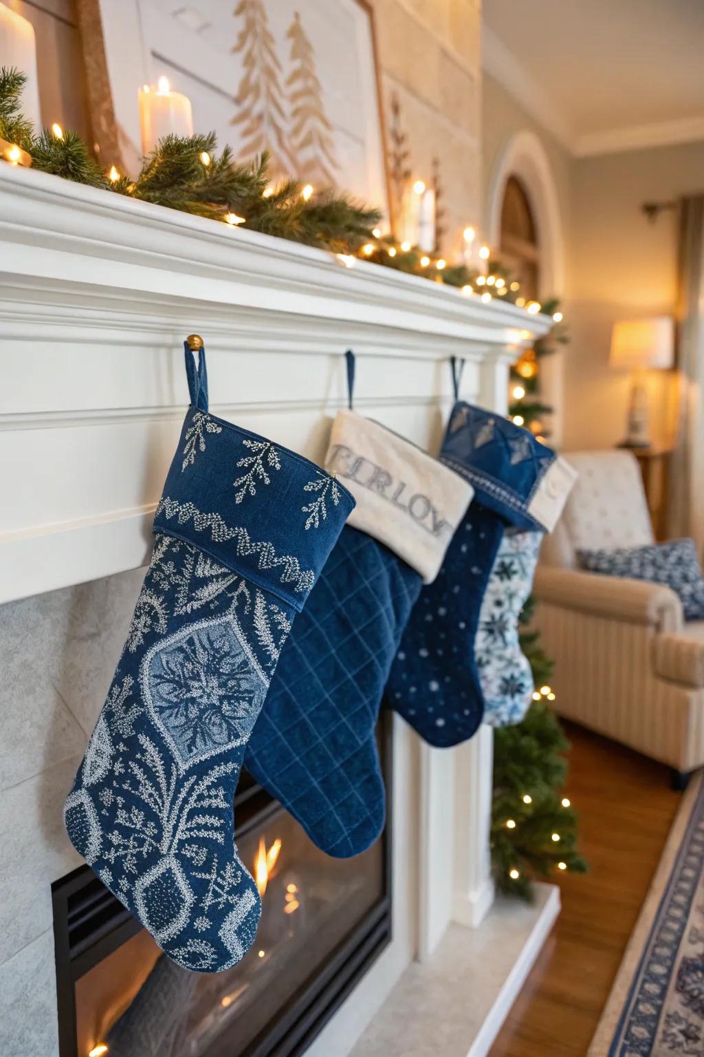 Luxurious blue velvet stockings by the fireplace