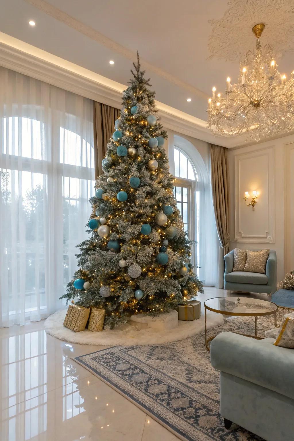 A deluxe blend of chilly azure and gold on a Christmas tree.