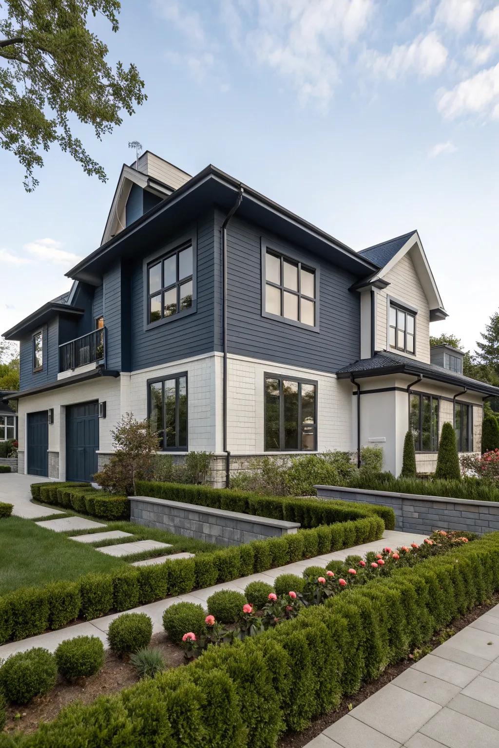 Using two shades of blue and gray on the outside makes homes look more interesting.